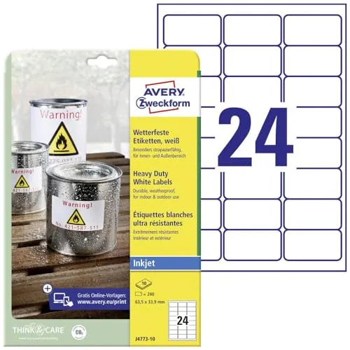 AVERY Zweckform J4773-10 Wetterfeste Folienetiketten (63,5x33,9 mm auf DIN A4, Inkjet, extrem stark selbstklebend, bedruckbare Outdoor Klebefolie) 240 Aufkleber auf 10 Blatt weiß, 240 Stück, 63,5 x 33,9 mm