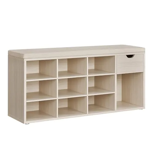 VASAGLE Schuhbank, Schuhregal mit Schublade und offenen Fächern, Sitzbank, gepolsterter Sitz, Flur, Schlafzimmer und Eingangsbereich, 30 x 104 x 48 cm, naturbeige-cappuccinobeige LHS024K03