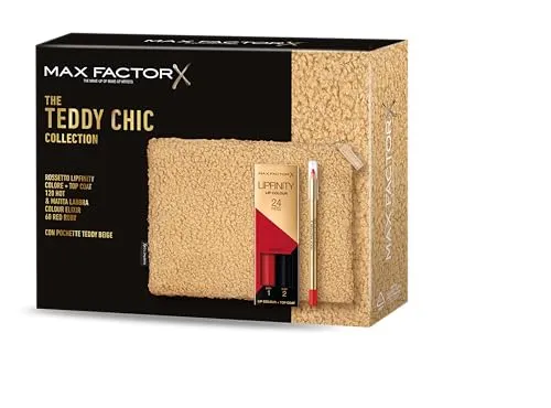Max Factor, Geschenkbox für Damen, Teddy Chic, Clutch aus weichem Teddy-Stoff mit Lippenstift Lipfinity 120 Hot + Colour Elixir Lippenstift 60 Red Ruby