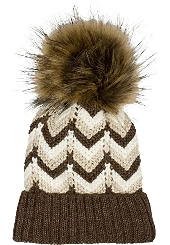 styleBREAKER Damen Strick Bommelmütze mit Zick-Zack Muster - Stilvolle Strickmütze für Damen mit warmem Thermo-Fleece Futter und trendigem Zick-Zack Muster. Ideal für kalte Wintertage, bietet sie hohen Tragekomfort und passt sich flexibel an Kopfumfänge bis 58 cm an.