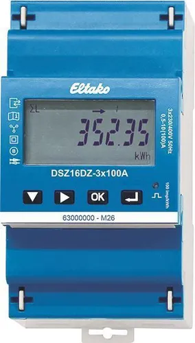 Eltako Drehstromzähler DSZ16DZ-3x100A MID - Digitaler Drehstromzähler mit Direktmessung, geeignet für die exakte Erfassung von Wirkleistung, kompakt und zuverlässig für professionelle Anwendungen.