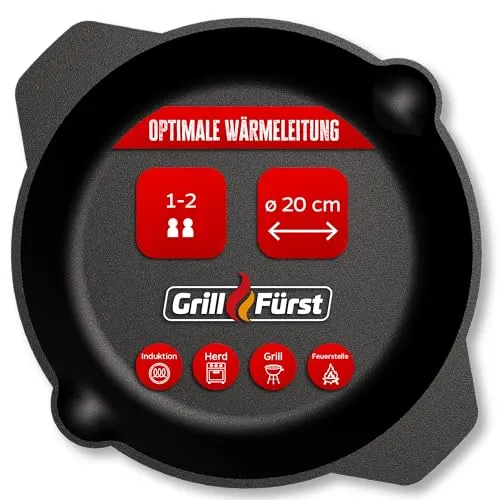 Grillfürst Gusseisenpfanne Ø 20 cm - Hochwertige Grillpfanne mit zwei Henkelgriffen - Pfannen - Extrem hitzebeständige gusseiserne Pfanne, ideal für Gasgrill, Herd und Feuer. Gleichmäßige Hitzeverteilung für perfekte Steaks und Gemüse.