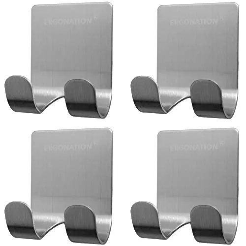 Ergonation Selbstklebender Rasiererhalter aus Edelstahl für Badezimmer, Dusche und Badewanne | Wasserdichter Halter/Wandhaken für Rasierer, Handtücher, Schlüssel, Regenschirme, Kabel (Silber, 4)