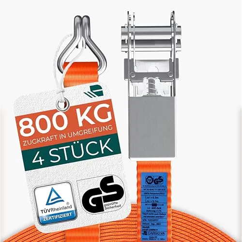 Robuste 800kg Spanngurte mit Ratsche [4er Set] - TÜV/GS Zertifiziert & DIN - Vielseitig Einsetzbar - 25mm Breite - Ideal für Professionelle Anwendungen [4M]