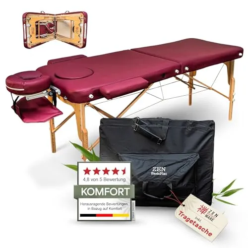 ZEN BASIC III Massageliege klappbar & mobile Massagetisch aus Holz, stabile Massagebett - Massagebank höhenverstelbar, Tattoo & Kosmetikliege, Behandlungsliege mit Kopfteil, Armstütze & Tasche Weinrot