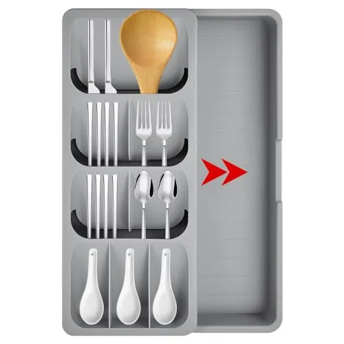 SLTAXAR Besteck Organizer Schublade Küchenschubladen Organizer Besteck Kompakter Küche Besteckteiler Besteckkasten für Schubladen Kunststoff Besteck Kasten Grau für Besteck, Löffel, Messer Gabel