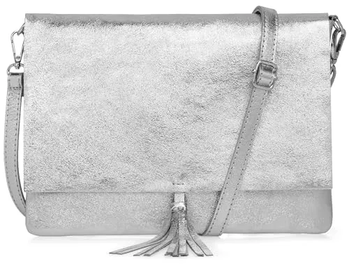 Caspar Elegante Leder Umhängetasche XL Clutch Abendtasche Damen Handtasche mit Quaste - CLASSIC LINE - Modell No.829 - Made in Italy, Farbe:silber metallic