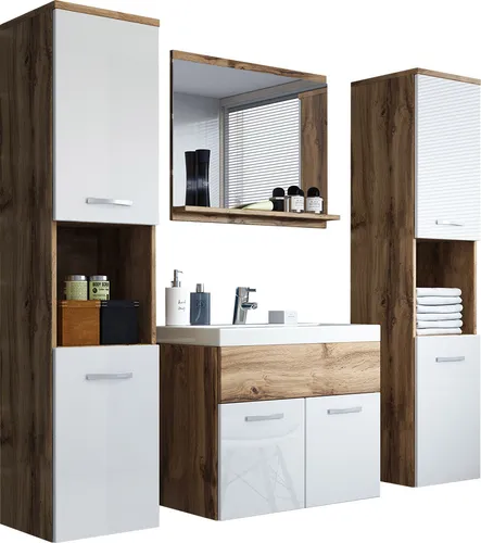 MIRJAN24 Badmöbel-Set Montreal XL mit Spiegel & Waschbecken - Stylisches Badezimmer-Set in Wotan/Weiß Hochglanz, inklusive Hängeschränken und Spiegelschrank. Praktische Maße und einfache Montage für Ihr modernes Bad.
