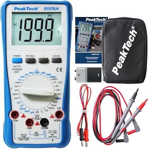 PeakTech Multimeter P 2005A RMS digital - 1000 V, 10 A, CAT IV - Digital Multimeter für präzise Messungen von Spannung, Strom, Temperatur und mehr. Stoßfest mit beleuchtetem Display und akustischer Diodenprüfung.
