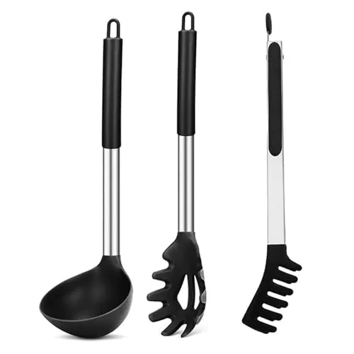 Pasta-Kochset | Hitzebeständiges Silikon + Edelstahlgriffe | Nudellöffel + Zange + Sieb | Unverzichtbares Kochset für die Küche,Silikon-Nudelgabel und -Kelle im Set
