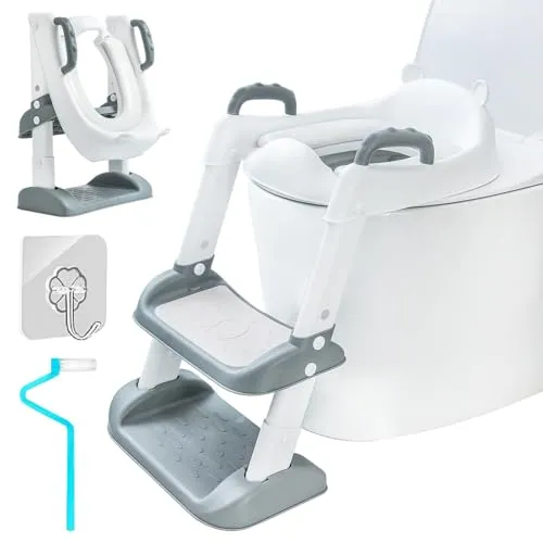 UCAMP Toilettensitz Kinder,Toilettenleiter für kinder,Toilettensitz Toilettentrainer mit Treppe,Höhenverstellbar Faltbarer,PU-Sitzkissen,Spritz und Rutschfestes Trittbrett,Toilette Enfant