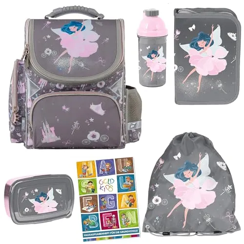 Goldkids - Schulranzen für Jungen und Mädchen, 6er-Set - Schul-Rucksack für Kinder mit Federmäppchen - Schuhbeutel und Hausaufgabenheft - Ballerina Motiv - 1-3 Klasse