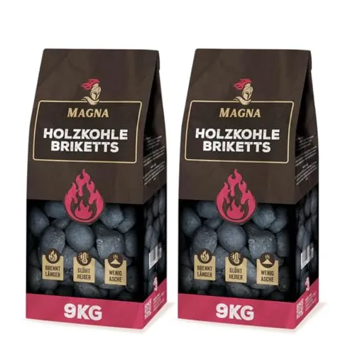 Magna Holzbriketts 27 KG - 100% natürliche Holzkohlebriketts - Brennstoffe für gleichmäßigen, rauchfreien und langsamen Verbrennungsprozess. Ideal für umweltbewusstes Grillen und Heizen, wenig Asche und schnell zündend.