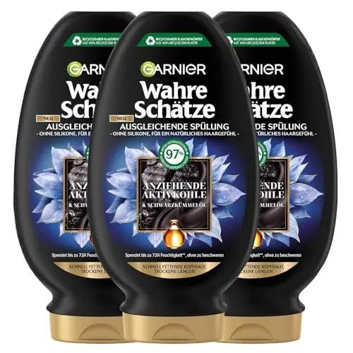 Garnier Ausgleichende Spülung, Gegen schnell fettende Kopfhaut und trockene Haarlängen, Mit reinigender Aktivkohle und Schwarzkümmelöl, Wahre Schätze, 3 x 200 ml