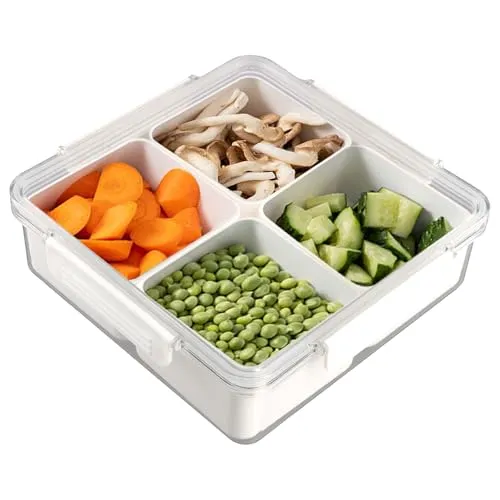 Focenat Snackbox mit Fächern, Snackteller mit Deckel, Snackplatte, Snacktablett, Snackschale mit Deckel, 4 Fächern, Auslaufsicher, Snackdose, Servierbehälter für Nüsse, Obst, Süßigkeiten, Gemüse