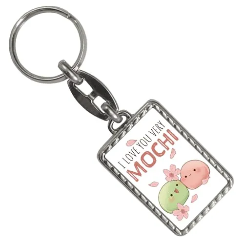 speecheese Mochi Paar Schlüsselanhänger mit Bordüre mit Spruch I love you very Mochi Kawaii Manga Design Japanisches Kirschblüten-Sakura-Motiv Perfekte Liebe für Japan-Fans