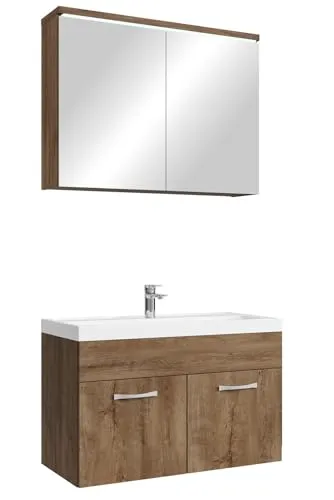 Badezimmer Badmöbel Set Paso 02 - 80cm Waschbecken in Braun Eiche - Komplettes Badmöbel Set mit modernem Waschtischunterschrank, Waschbecken und Spiegelschrank. Ideal für stilvolle Badezimmer, einfach zu montieren und mit allen notwendigen Befestigungen.