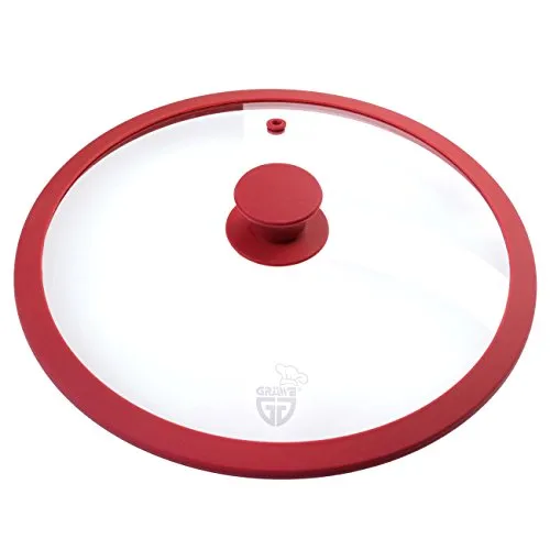 GRÄWE Deckel für Pfannen und Töpfe, Glasdeckel Pfanne 28 cm, Topfdeckel, Pfannendeckel, mit Silikonrand und Dampfaustritt - Rot