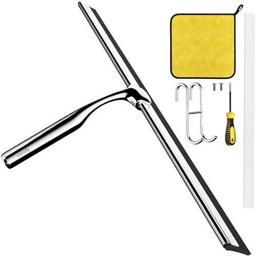 cocofy Duschabzieher breit XXL 45 cm ohne Bohren für Dusche, Fliesen mit Haken, Ersatzgummi, Mikrofasertuch Flitsche, Duschwandabzieher, Silber Edelstahl Fensterwischer 45 cm