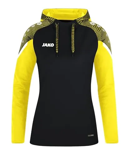 JAKO Damen Kapuzensweatshirt Performance, Schwarz/Soft Yellow - Badmintonbekleidung Damen, aus 100% recyceltem Polyester mit Kapuze und praktischen Seitentaschen für optimalen Tragekomfort und Funktionalität.