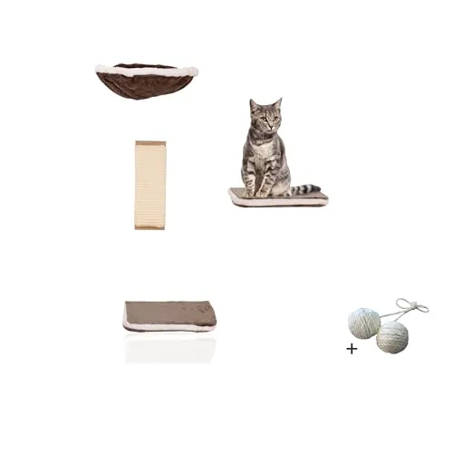 Rohrschneider Katzen-Kletterwand - Vierteilige Wandelemente für Katzen - Kratzbäume - Platzsparende Katzenkletterlandschaft mit Wandmontage, inklusive Sisalkratzkugeln für optimale Beschäftigung und Ruhemöglichkeiten.