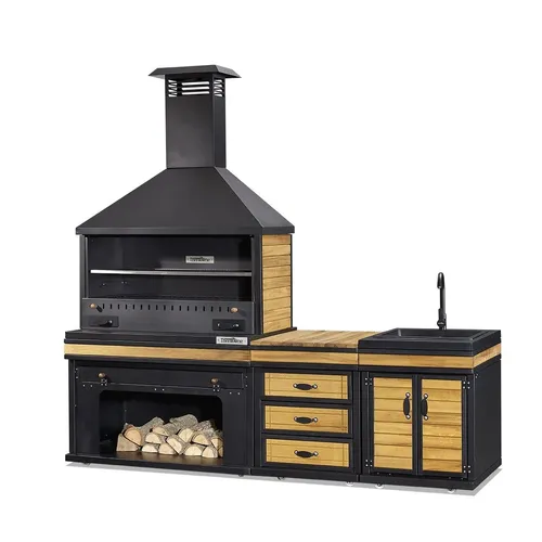 Moderne Outdoorküche für Garten und Terrasse - Freistehende Außenküche aus Holz und Edelstahl, 242 x 72 x 181 cm, ideal für Grillabende. Mit 2 Jahren Garantie und praktischem Kochbereich von 100 cm.