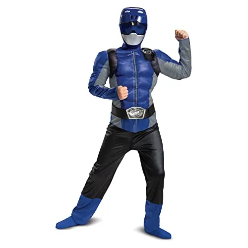 Disguise Offizielles Power Rangers Kostüm Kinder Blau Muskelkostüm, Superhelden Kostüm für Kinder Junge Mädchen Power Ranger Faschingskostüm Karneval Geburtstag Costume Größ M