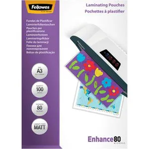 Fellowes Laminierfolien 54520, DIN A3, 80 mic, matt, 100 Stück - Laminierfolien 80 micron, schützen Dokumente vor Schmutz und Feuchtigkeit mit abwaschbarer, matter Oberfläche für bessere Lesbarkeit.