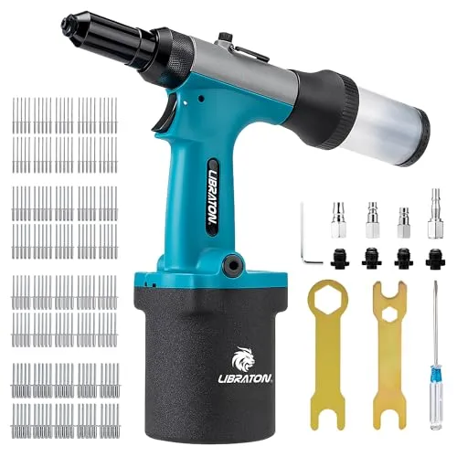 LIBRATON Druckluft Nietpistole, Druckluft Nietzange 2,4 mm, 3,2 mm, 4 mm, 4,8 mm mit 200 Nieten, Professionelle Druckluft Blindnietpistole für Autoreparatur, Selbstansaugendes Design
