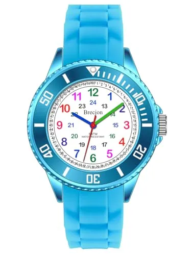 Brecjon Kinder Armbanduhr Jungen Mädchen Lernuhr Silikonuhr Kids 5ATM wasserdicht Silikonarmband hellblau 2201