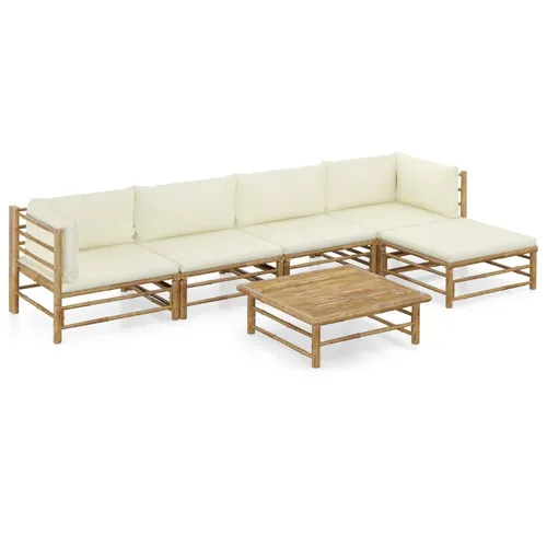 vidaXL 6-tlg. Garten-Lounge-Set mit Cremeweißen Kissen - Gartenmöbel-Set aus robustem Bambus mit abnehmbaren, waschbaren Kissen für hohen Komfort. Flexibel in der Anordnung dank modularer Bauweise – ideal für entspannte Stunden im Freien.
