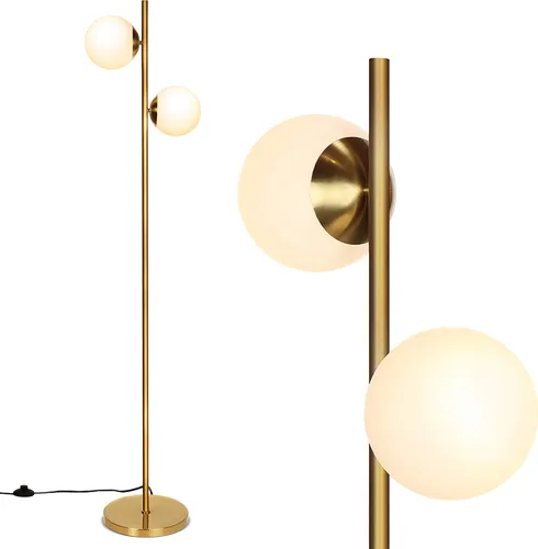COSTWAY 2-flammige Stehlampe mit Fußschalter und Metallmast - Elegante Stehlampe mit zwei Milchglas-Schirmen für warmes Licht. Ideal für Wohnzimmer, Schlafzimmer oder Arbeitszimmer. Einfach zu montieren und mit stabilem Sockel für sicheren Stand.