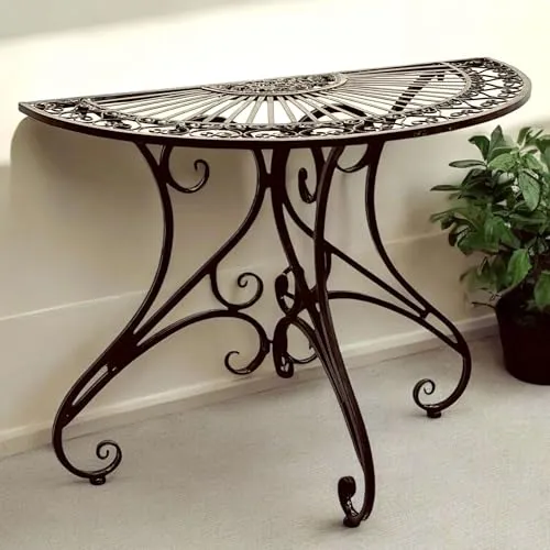 Denk Wandtisch Halbrund Tisch Metall Braun Beistelltisch 90 cm Vigo - Drohnen Beistelltisch Vigo, wetterfestes Metall für langlebigen Einsatz im Freien, elegantes halbrundes Design für Balkon, Terrasse oder Garten.