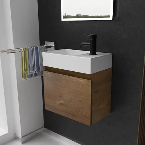 Alpenberger Gäste WC Waschbecken mit Unterschrank 45 cm Breit | Waschtisch Set Klein | Aufsatzwaschbecken Waschtischunterschrank Hängend | Möbel Hängeschrank | Waschbeckenunterschrank Eiche