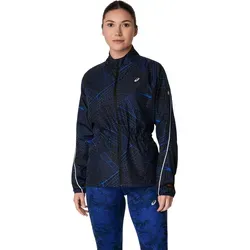ASICS Road Lite-Show Packable Laufjacke für Damen - Schwarz/Dunkelblau, Größe S - Trainingsbekleidung mit wasserabweisendem, winddichtem Material und packable Design für einfaches Verstauen. Reflektierende Elemente sorgen für erhöhte Sichtbarkeit bei Dämmerung.