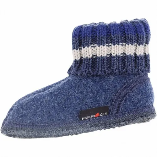 Haflinger Paul Damen & Herren Schurwoll Hausschuhe - Jeans - Hochwertige Hausschuhe aus 100% Schurwolle mit rutschfester Gummi-Laufsohle und weichem Strickbund für optimalen Halt und Komfort. Ideal für gemütliche Tage zu Hause!