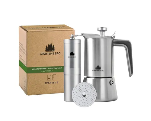 GRØNENBERG Espressokocher Spar Set 2: Manuelle Kaffeemühle & Edelstahl Mokkakanne - Espressokocher Set mit manuellem Mahlwerk und Induktionsgeeignetem Edelstahlkocher, ideal für Kaffeeliebhaber, die Wert auf Qualität legen.