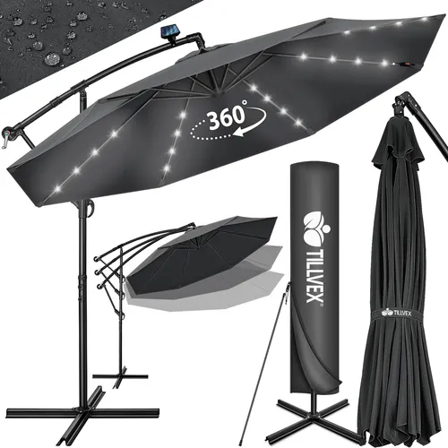 tillvex Alu Ampelschirm Anthrazit mit LED Solar Ø 300 cm