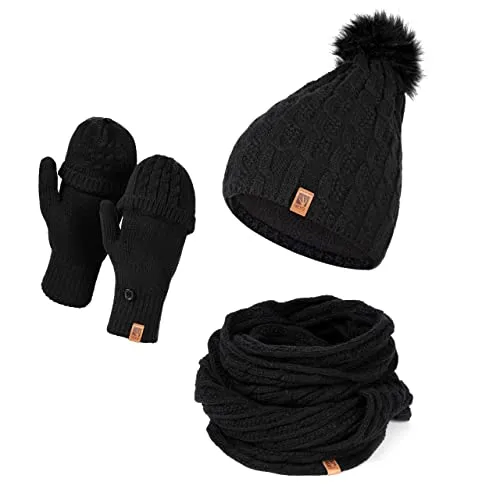 HEYO Mütze Schal Handschuh Set für Damen | Gefütterte Wintermütze mit Kunstfellbommel | Großer Loop Schal | Gestrickte Finger/Fingerlose- Winterhandschuhe für Touchscreen (Schwarz)