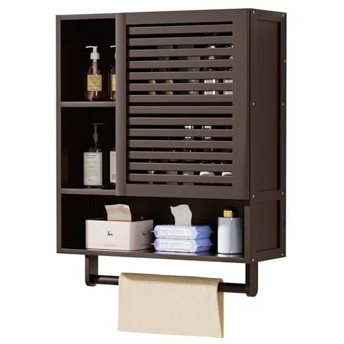 Yorbay Badezimmerschrank Hängend aus Bambus - Hängeschrank fürs Bad mit Handtuchstange, bietet platzsparende Aufbewahrung und ist ideal für kleine Badezimmer. Hochwertiger Bambus sorgt für Langlebigkeit und Feuchtigkeitsbeständigkeit.