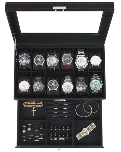 Kukikan Uhrenbox mit 12 Fächern, Uhrenkasten mit Glasdeckel, Uhrenkoffer mit herausnehmbaren Uhrenkissen, Metallverschluss, Geschenkidee, PU-Bezug in Schwarz, Samtfutter in Schwarz