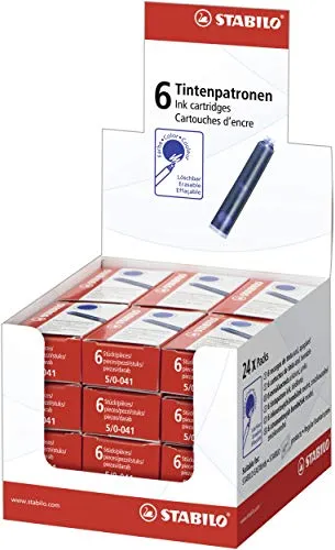 STABILO Tintenpatronen Refill - Blau (löschbar) - 24x 6er Pack - Schreibutensilien mit königsblauer, löschbarer Tinte für STABILO Füller und Tintenroller, ideal für fehlerfreies Schreiben.