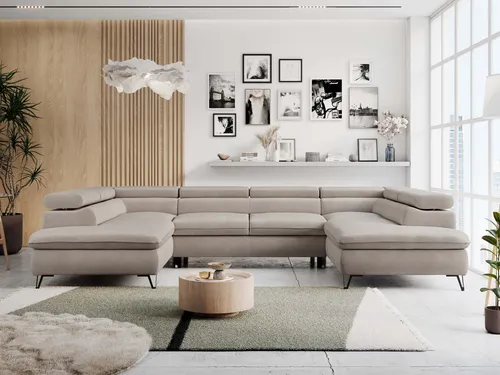 MKS MEBLE Sofa U-Form Beige mit Schlaffunktion - Beige Wohnlandschaft U-Form mit HR-Schaum für hohen Komfort, 2 Bettkästen für Stauraum, verstellbare Kopfstützen und modernes Design – ideal für Ihr Wohnzimmer.