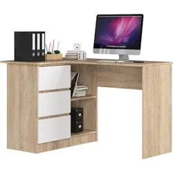 BDW, Eckschreibtisch rechts, 3 Schubladen, 4 Regale, Eiche Sonoma/ Weiß linken - Braun/Weiß