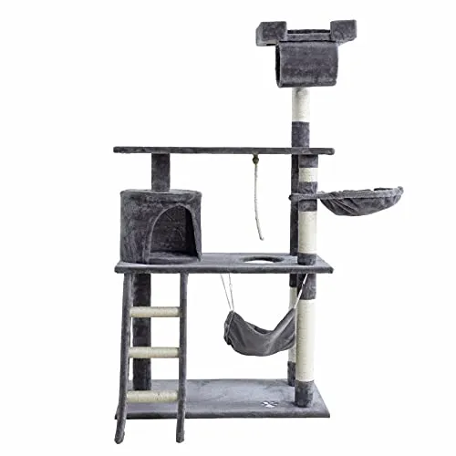 ESTEXO Katzenkratzbaum XXL - Hellgrau - Aktivitätskratzbaum für Katzen mit mehreren Liegeflächen und Höhlen, ideal für Spiel und Entspannung. Inklusive Spielzeug und stabiler Holzplatte, Gesamthöhe ca. 140 cm.