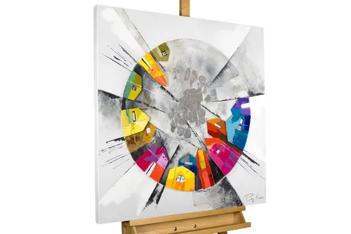 KUNSTLOFT Gemälde Kunterbuntes Großstadtflair 80x80 cm - Handgemaltes Leinwandbild mit farbenfrohen Häusern auf silbernem Hintergrund. Ideal für Wohnzimmer oder Hotels, um kosmopolitischen Flair zu verleihen.