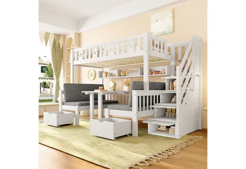 Merax Hochbett 90x200cm mit Klapptisch und Stauraumtreppe - Hochbett aus Kiefernholz mit 2-in-1-Funktion: nutzbar als Einzelbett oder Klapptisch. Ideal für platzsparende Kinderzimmer mit sicherem Geländer und cleverem Stauraum.