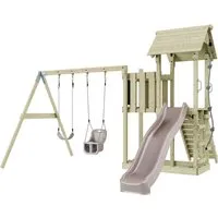 Rebo Spielturm mit Wellenrutsche und Schaukeln - Outdoor Klettergerüst mit stabiler Konstruktion, Wellenrutsche und höhenverstellbaren Schaukeln für unvergesslichen Spielspaß im Garten.