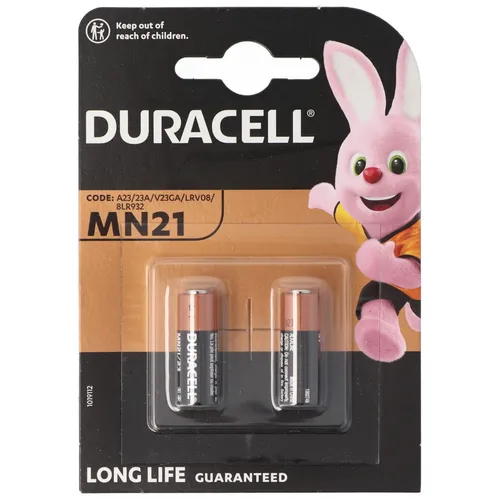 Duracell MN21 12V Batterie – Zuverlässige Energie für Ihre Geräte - Duracell MN21 Alkaline Batterie im 2-er Blister. Ideal für Garagentoröffner und Messgeräte. Hohe Kapazität und Langlebigkeit garantieren zuverlässige Leistung in allen Anwendungen.
