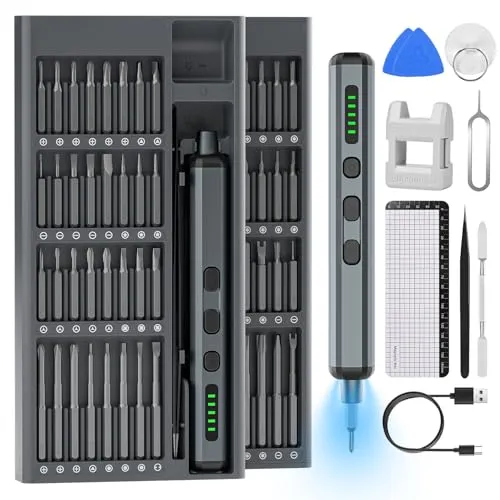 Gaethra 74-in-1 Elektrischer Schraubendreher, Mini Akkuschrauber mit 64 S2 Bits, 5 Drehmomentstufen, 4 LED-Leuchten, Electric Screwdriver Set für Reparatur und Feinmontage